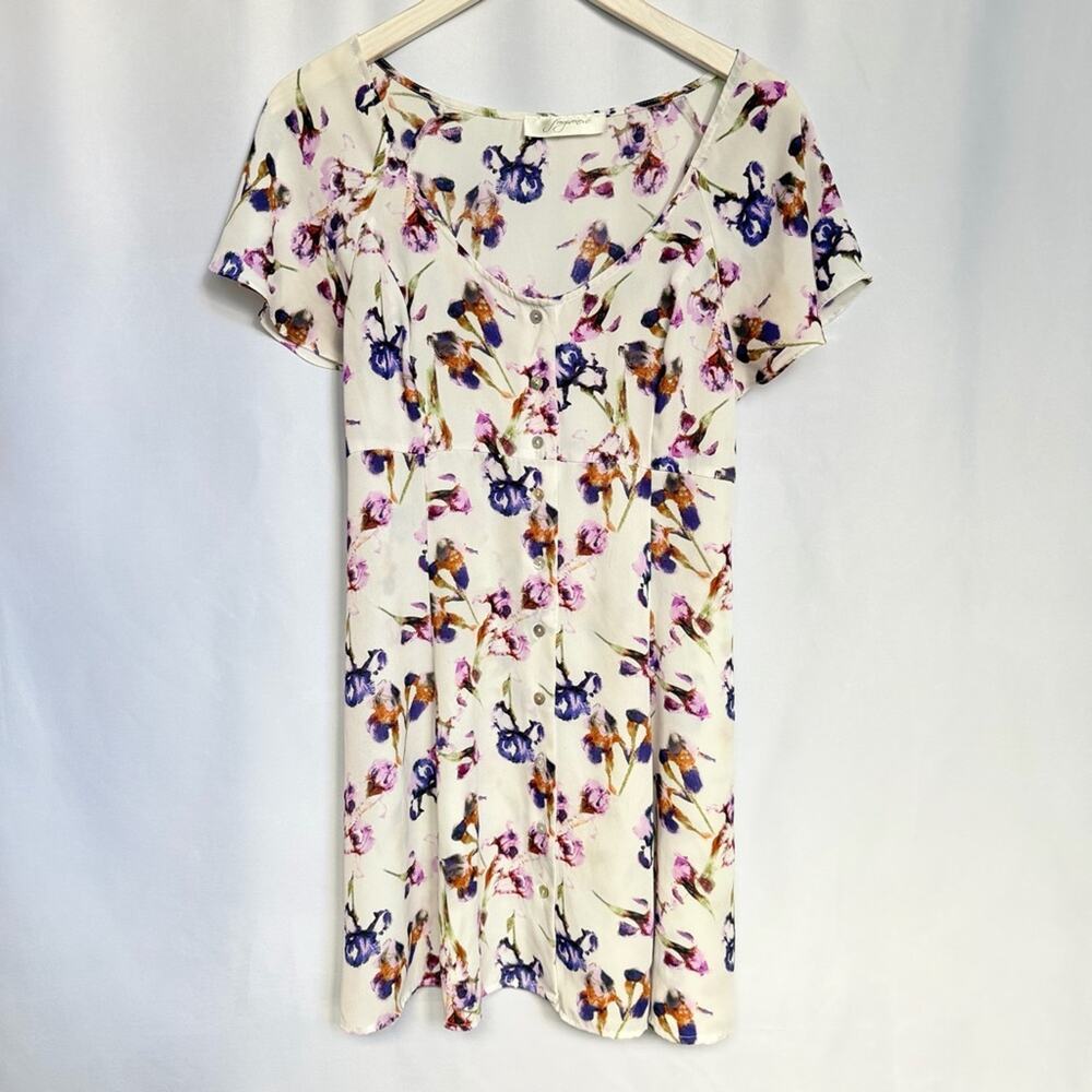 Elegant Floral Mini Dress in Cream and Purple Tie back, Women’s Large
